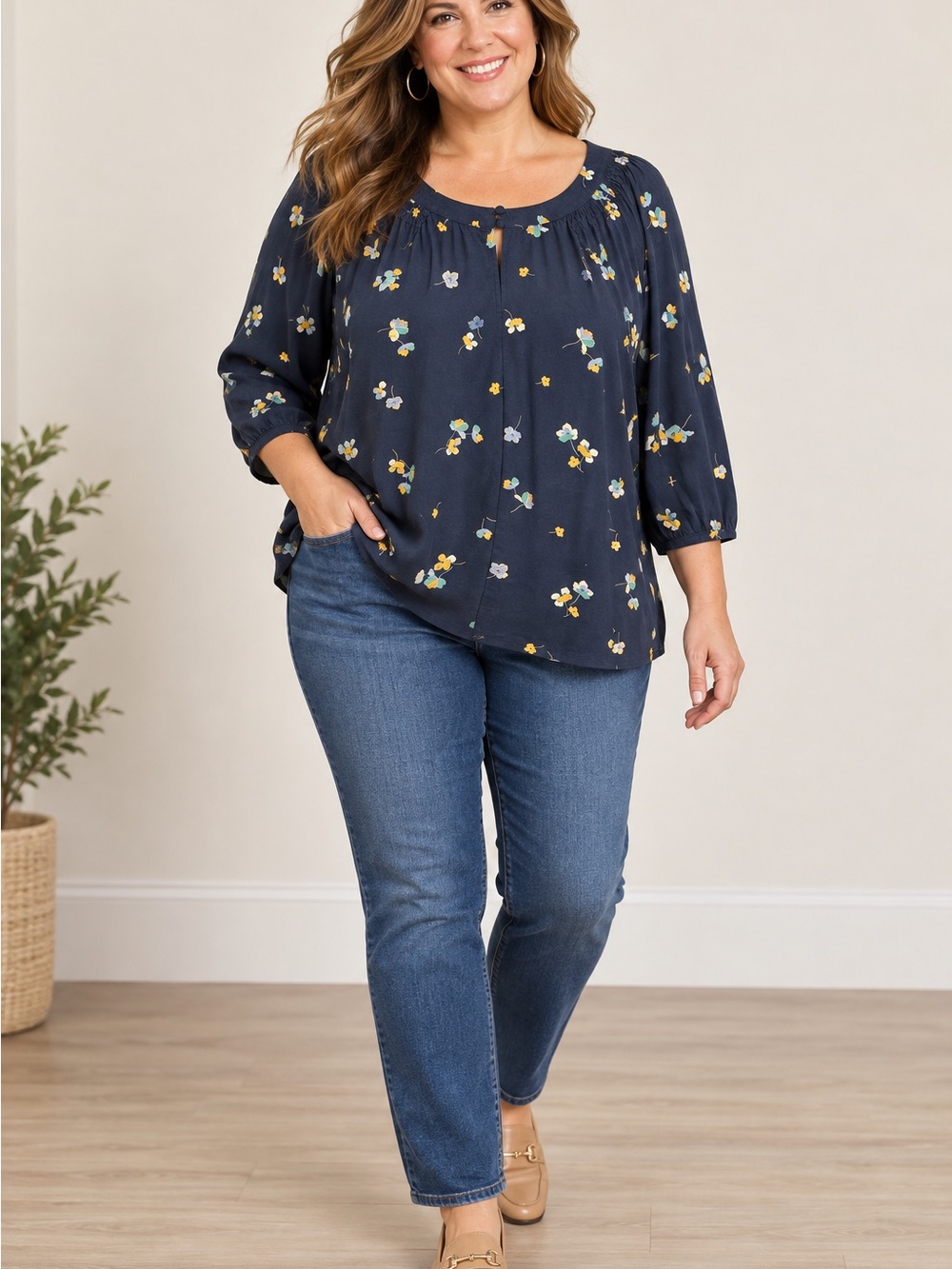 J Jill Blouse Women’s size 2X Plus Navy Floral Peasant Top 3/4 Sleeve Boho Flowy